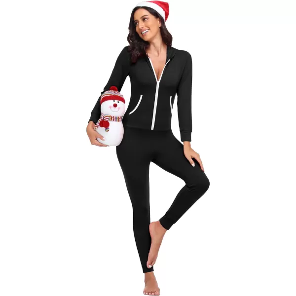 SWOMOG Womens Pajamas Jumpsuits Zipup Hoodie Union Jumpsuit Romper Sexy Onesie Long Sleeve Bodysuits One Piece SleepwearZblack