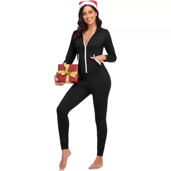 SWOMOG Womens Pajamas Jumpsuits Zipup Hoodie Union Jumpsuit Romper Sexy Onesie Long Sleeve Bodysuits One Piece SleepwearZblack