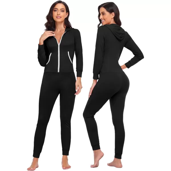 SWOMOG Womens Pajamas Jumpsuits Zipup Hoodie Union Jumpsuit Romper Sexy Onesie Long Sleeve Bodysuits One Piece SleepwearZblack