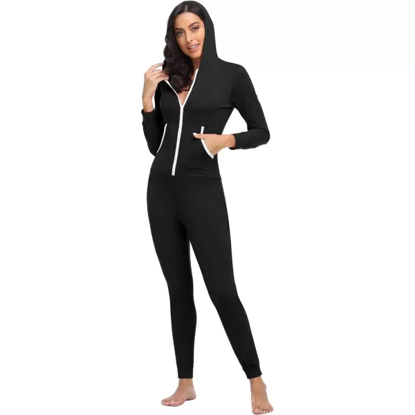 SWOMOG Womens Pajamas Jumpsuits Zipup Hoodie Union Jumpsuit Romper Sexy Onesie Long Sleeve Bodysuits One Piece SleepwearZblack