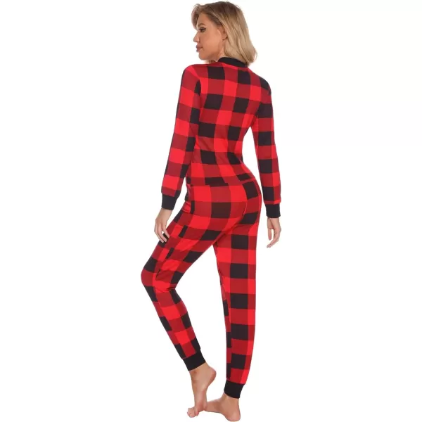 SWOMOG Womens Pajamas Jumpsuits Zipup Hoodie Union Jumpsuit Romper Sexy Onesie Long Sleeve Bodysuits One Piece SleepwearZblack amp Red Plaidnot Hooded