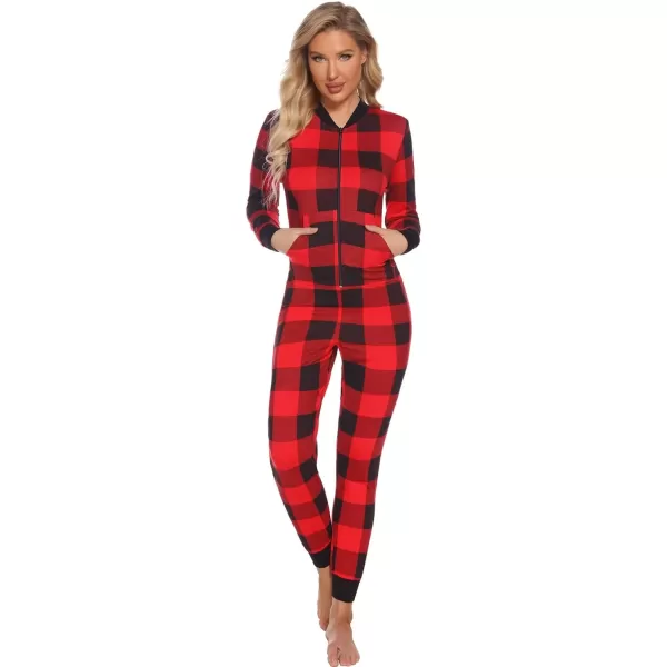 SWOMOG Womens Pajamas Jumpsuits Zipup Hoodie Union Jumpsuit Romper Sexy Onesie Long Sleeve Bodysuits One Piece SleepwearZblack amp Red Plaidnot Hooded