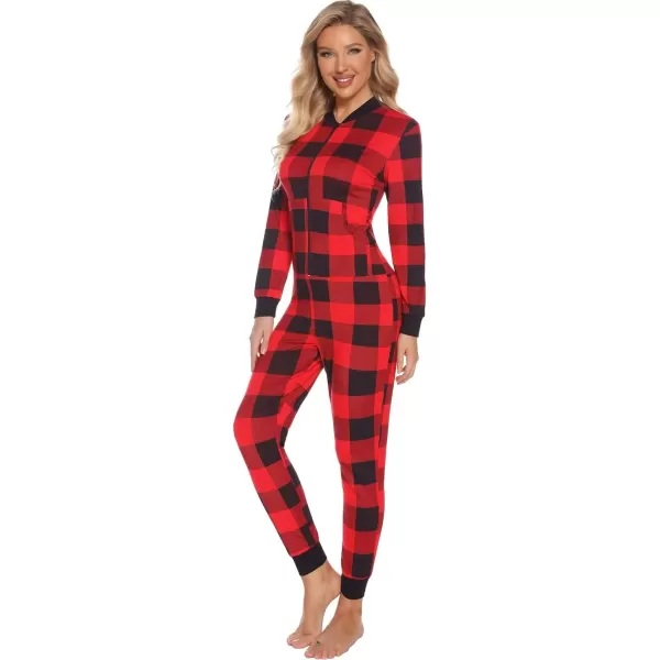 SWOMOG Womens Pajamas Jumpsuits Zipup Hoodie Union Jumpsuit Romper Sexy Onesie Long Sleeve Bodysuits One Piece SleepwearZblack amp Red Plaidnot Hooded