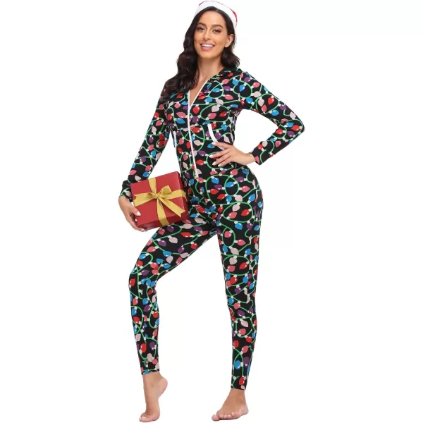 SWOMOG Womens Pajamas Jumpsuits Zipup Hoodie Union Jumpsuit Romper Sexy Onesie Long Sleeve Bodysuits One Piece SleepwearZchristmas Lights