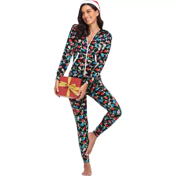 SWOMOG Womens Pajamas Jumpsuits Zipup Hoodie Union Jumpsuit Romper Sexy Onesie Long Sleeve Bodysuits One Piece SleepwearZchristmas Lights