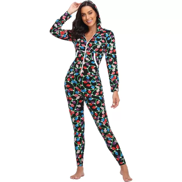 SWOMOG Womens Pajamas Jumpsuits Zipup Hoodie Union Jumpsuit Romper Sexy Onesie Long Sleeve Bodysuits One Piece SleepwearZchristmas Lights