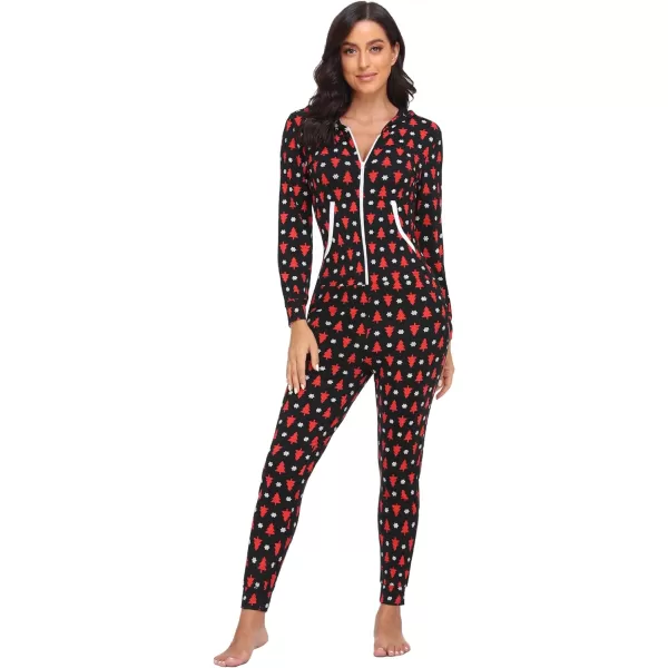 SWOMOG Womens Pajamas Jumpsuits Zipup Hoodie Union Jumpsuit Romper Sexy Onesie Long Sleeve Bodysuits One Piece SleepwearZchristmas Tree