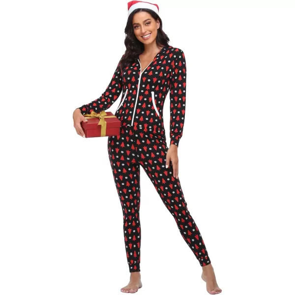 SWOMOG Womens Pajamas Jumpsuits Zipup Hoodie Union Jumpsuit Romper Sexy Onesie Long Sleeve Bodysuits One Piece SleepwearZchristmas Tree