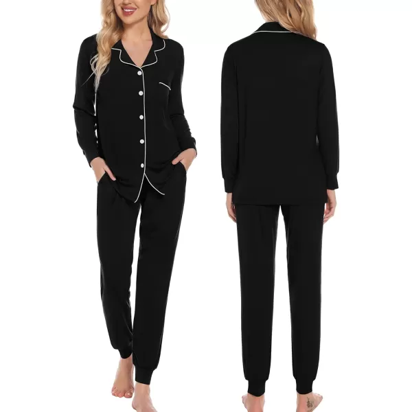 SWOMOG Womens Pajamas Set Long Sleeve Sleepwear Button Down Nightwear Soft Joggers PJs Sets with Pockets Lounge SetsBlack