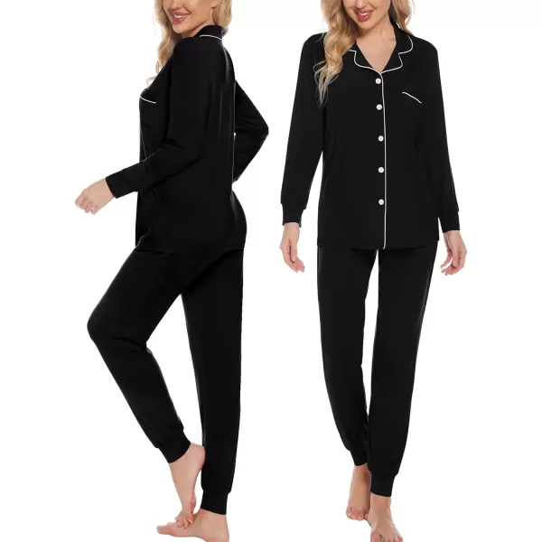 SWOMOG Womens Pajamas Set Long Sleeve Sleepwear Button Down Nightwear Soft Joggers PJs Sets with Pockets Lounge SetsBlack