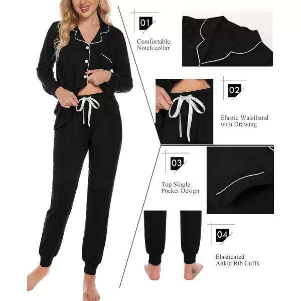 SWOMOG Womens Pajamas Set Long Sleeve Sleepwear Button Down Nightwear Soft Joggers PJs Sets with Pockets Lounge SetsBlack