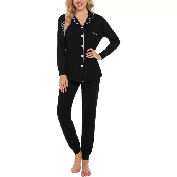 SWOMOG Womens Pajamas Set Long Sleeve Sleepwear Button Down Nightwear Soft Joggers PJs Sets with Pockets Lounge SetsBlack