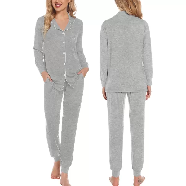 SWOMOG Womens Pajamas Set Long Sleeve Sleepwear Button Down Nightwear Soft Joggers PJs Sets with Pockets Lounge SetsGrey