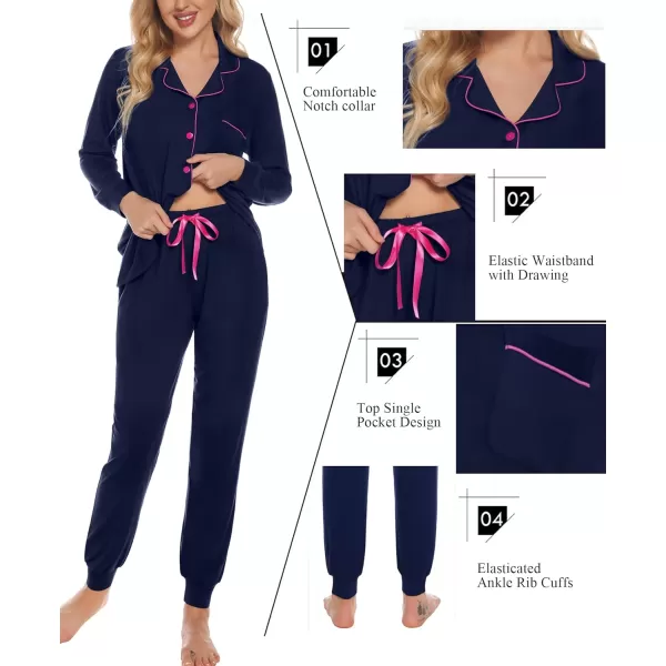 SWOMOG Womens Pajamas Set Long Sleeve Sleepwear Button Down Nightwear Soft Joggers PJs Sets with Pockets Lounge SetsNavy Blue