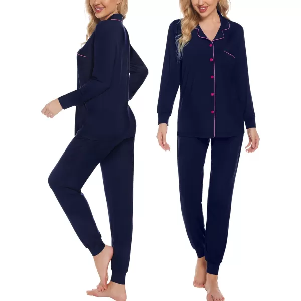 SWOMOG Womens Pajamas Set Long Sleeve Sleepwear Button Down Nightwear Soft Joggers PJs Sets with Pockets Lounge SetsNavy Blue