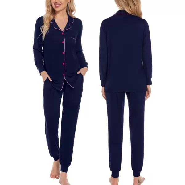 SWOMOG Womens Pajamas Set Long Sleeve Sleepwear Button Down Nightwear Soft Joggers PJs Sets with Pockets Lounge SetsNavy Blue