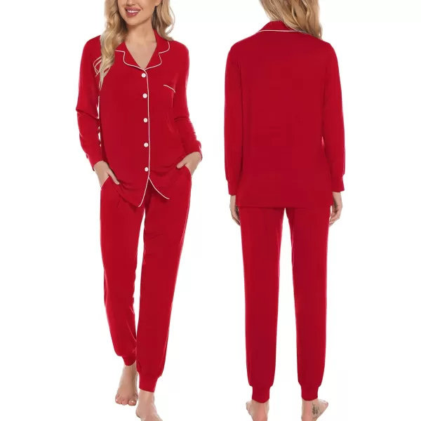 SWOMOG Womens Pajamas Set Long Sleeve Sleepwear Button Down Nightwear Soft Joggers PJs Sets with Pockets Lounge SetsRed