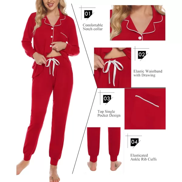 SWOMOG Womens Pajamas Set Long Sleeve Sleepwear Button Down Nightwear Soft Joggers PJs Sets with Pockets Lounge SetsRed