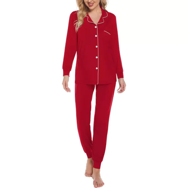 SWOMOG Womens Pajamas Set Long Sleeve Sleepwear Button Down Nightwear Soft Joggers PJs Sets with Pockets Lounge SetsRed