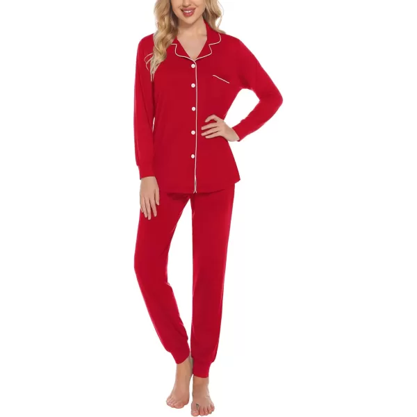 SWOMOG Womens Pajamas Set Long Sleeve Sleepwear Button Down Nightwear Soft Joggers PJs Sets with Pockets Lounge SetsRed