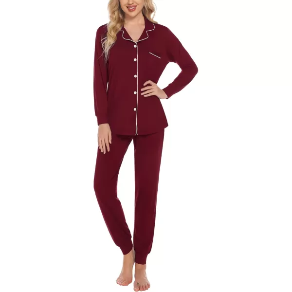 SWOMOG Womens Pajamas Set Long Sleeve Sleepwear Button Down Nightwear Soft Joggers PJs Sets with Pockets Lounge SetsWine Red