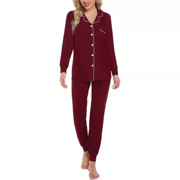 SWOMOG Womens Pajamas Set Long Sleeve Sleepwear Button Down Nightwear Soft Joggers PJs Sets with Pockets Lounge SetsWine Red