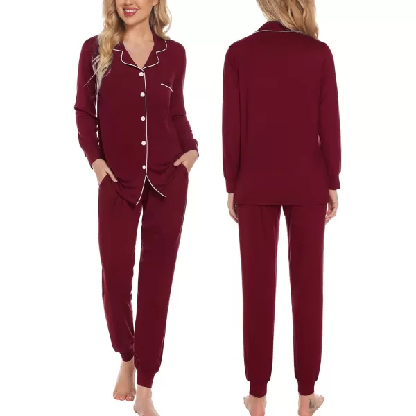 SWOMOG Womens Pajamas Set Long Sleeve Sleepwear Button Down Nightwear Soft Joggers PJs Sets with Pockets Lounge SetsWine Red