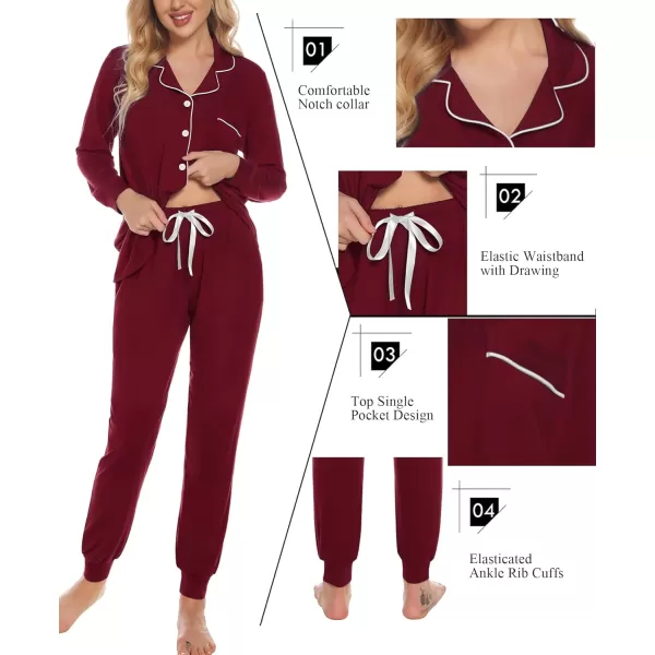 SWOMOG Womens Pajamas Set Long Sleeve Sleepwear Button Down Nightwear Soft Joggers PJs Sets with Pockets Lounge SetsWine Red