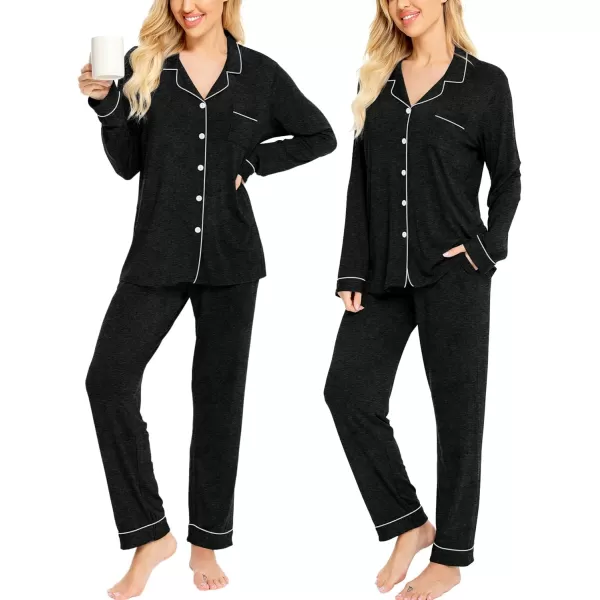 SWOMOG Womens Pajamas Set Long Sleeve Sleepwear Button Down Nightwear Soft Pj Lounge SetsAblack