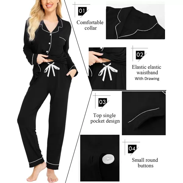 SWOMOG Womens Pajamas Set Long Sleeve Sleepwear Button Down Nightwear Soft Pj Lounge SetsAblack