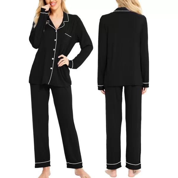 SWOMOG Womens Pajamas Set Long Sleeve Sleepwear Button Down Nightwear Soft Pj Lounge SetsAblack