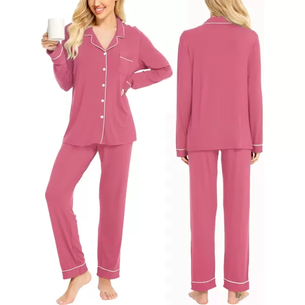 SWOMOG Womens Pajamas Set Long Sleeve Sleepwear Button Down Nightwear Soft Pj Lounge SetsAcoral Color