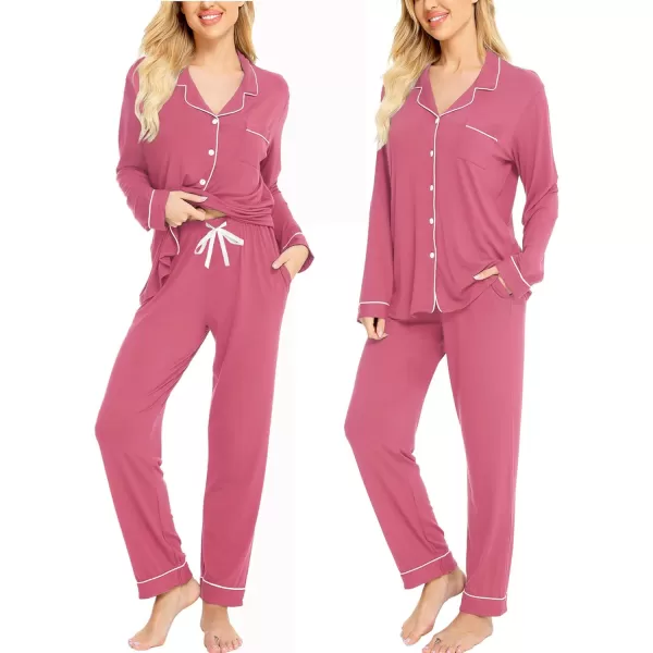 SWOMOG Womens Pajamas Set Long Sleeve Sleepwear Button Down Nightwear Soft Pj Lounge SetsAcoral Color