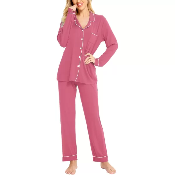 SWOMOG Womens Pajamas Set Long Sleeve Sleepwear Button Down Nightwear Soft Pj Lounge SetsAcoral Color