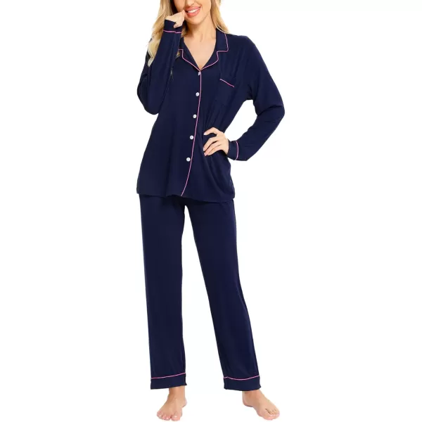 SWOMOG Womens Pajamas Set Long Sleeve Sleepwear Button Down Nightwear Soft Pj Lounge SetsAnavy Blue