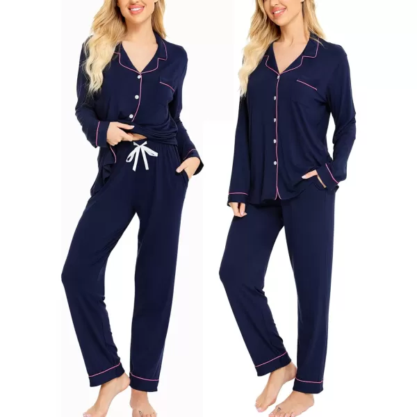 SWOMOG Womens Pajamas Set Long Sleeve Sleepwear Button Down Nightwear Soft Pj Lounge SetsAnavy Blue