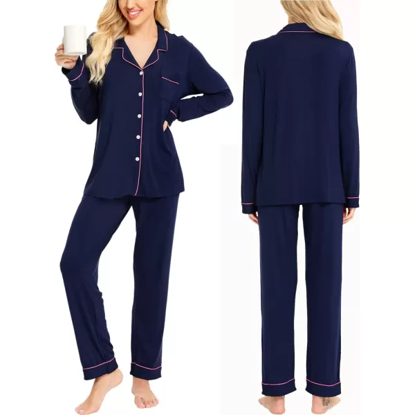 SWOMOG Womens Pajamas Set Long Sleeve Sleepwear Button Down Nightwear Soft Pj Lounge SetsAnavy Blue