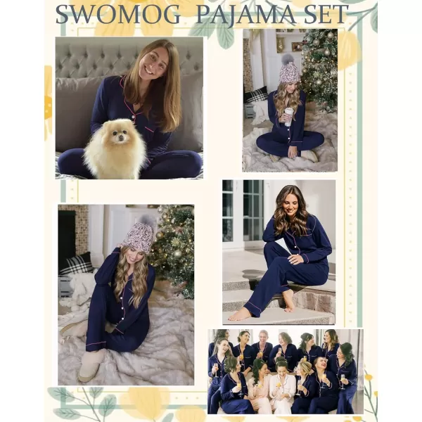 SWOMOG Womens Pajamas Set Long Sleeve Sleepwear Button Down Nightwear Soft Pj Lounge SetsAnavy Blue