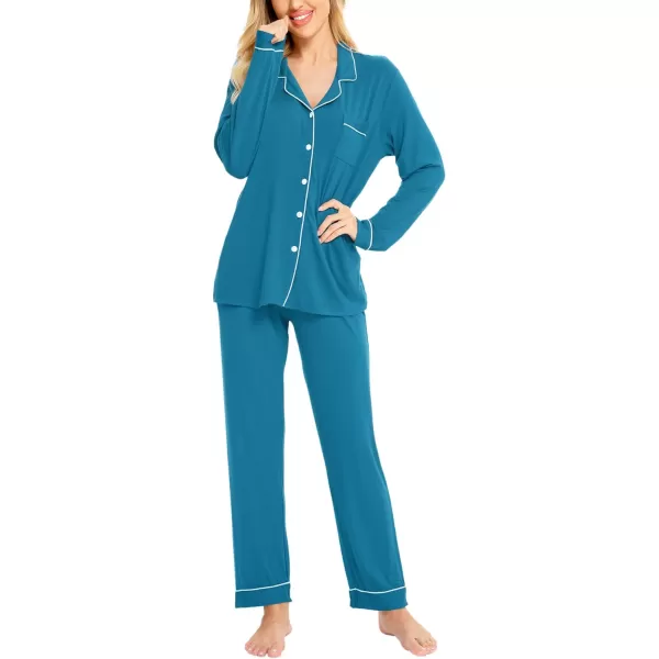 SWOMOG Womens Pajamas Set Long Sleeve Sleepwear Button Down Nightwear Soft Pj Lounge SetsApeacock Blue