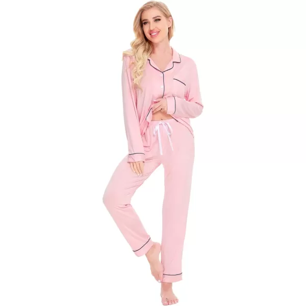 SWOMOG Womens Pajamas Set Long Sleeve Sleepwear Button Down Nightwear Soft Pj Lounge SetsApink