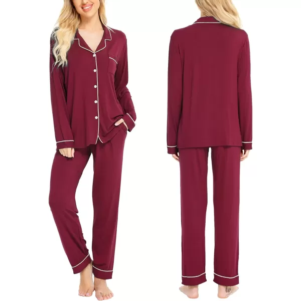 SWOMOG Womens Pajamas Set Long Sleeve Sleepwear Button Down Nightwear Soft Pj Lounge SetsAwine Red