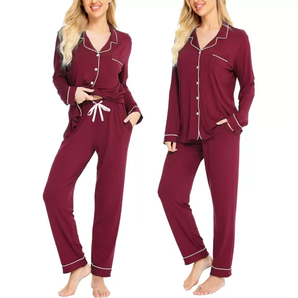 SWOMOG Womens Pajamas Set Long Sleeve Sleepwear Button Down Nightwear Soft Pj Lounge SetsAwine Red