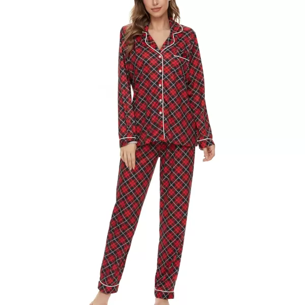 SWOMOG Womens Pajamas Set Long Sleeve Sleepwear Button Down Nightwear Soft Pj Lounge SetsBlack and Red Grey Plaid