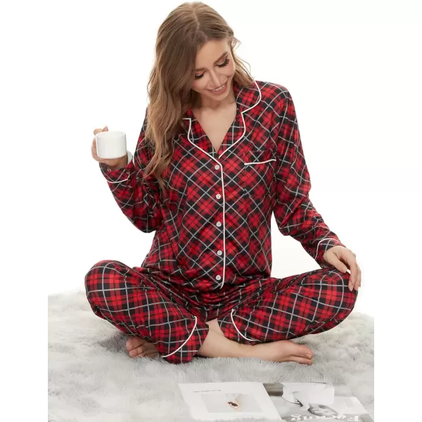 SWOMOG Womens Pajamas Set Long Sleeve Sleepwear Button Down Nightwear Soft Pj Lounge SetsBlack and Red Grey Plaid