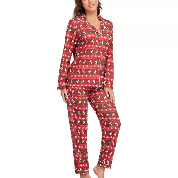 SWOMOG Womens Pajamas Set Long Sleeve Sleepwear Button Down Nightwear Soft Pj Lounge SetsElk and Christmas Tree