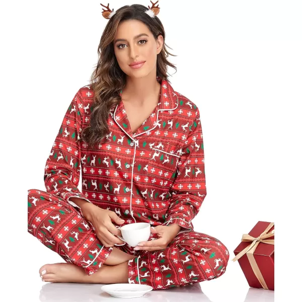 SWOMOG Womens Pajamas Set Long Sleeve Sleepwear Button Down Nightwear Soft Pj Lounge SetsElk and Christmas Tree