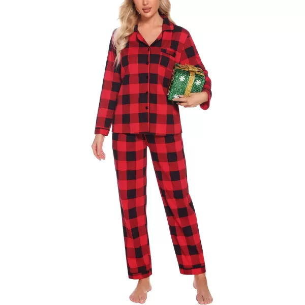 SWOMOG Womens Pajamas Set Long Sleeve Sleepwear Button Down Nightwear Soft Pj Lounge SetsRed Plaid100cotton