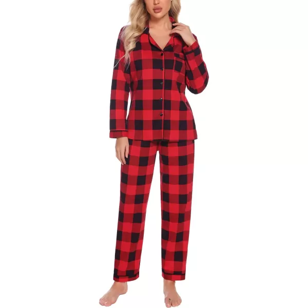 SWOMOG Womens Pajamas Set Long Sleeve Sleepwear Button Down Nightwear Soft Pj Lounge SetsRed Plaid100cotton