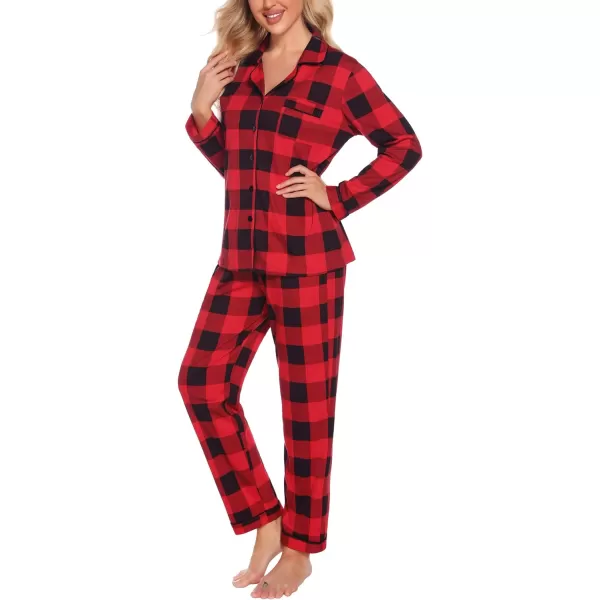 SWOMOG Womens Pajamas Set Long Sleeve Sleepwear Button Down Nightwear Soft Pj Lounge SetsRed Plaid100cotton