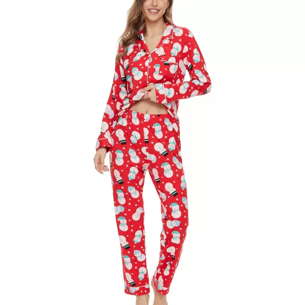 SWOMOG Womens Pajamas Set Long Sleeve Sleepwear Button Down Nightwear Soft Pj Lounge SetsSnowman Red